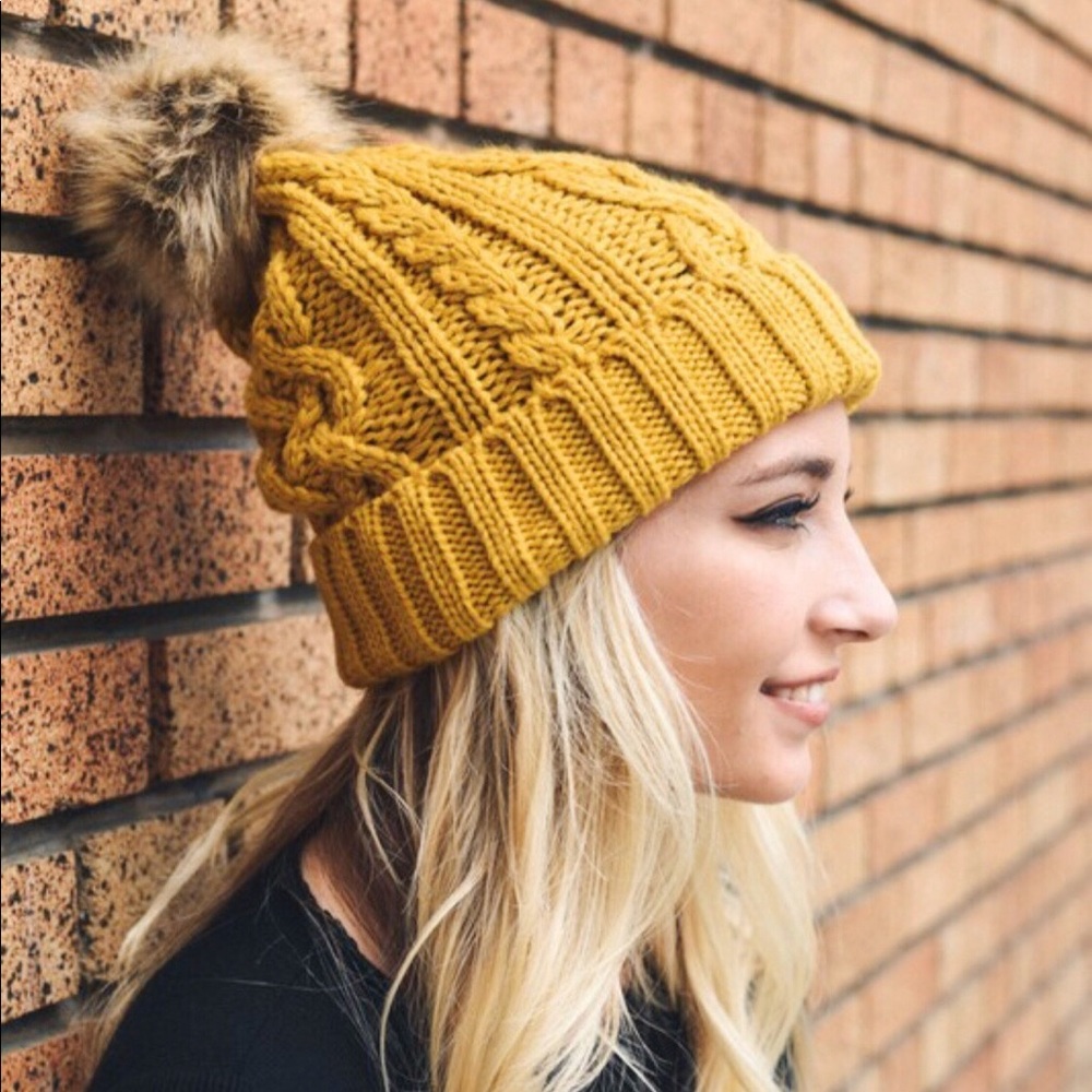 Yellow Pom Pom Vegan Friendly Winter Beanie OS - Picture 4 of 5